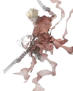 1boy absurdres black_gloves blonde_hair coat dual_wielding fighting glasses gloves gun handgun highres holding holding_gun holding_weapon kanji_(nievart) long_coat male_focus orange-tinted_eyewear red_coat round_eyewear short_hair solo spiked_hair tinted_eyewear trigun vash_the_stampede weapon white_background