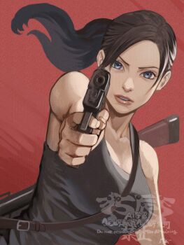 1girl 5tatsu aiming aiming_at_viewer artist_name bare_arms bare_shoulders black_tank_top blue_eyes breasts claire_redfield commentary_request furrowed_brow gun gun_on_back handgun highres holding holding_gun holding_weapon long_hair medium_breasts parted_bangs parted_lips ponytail red_background resident_evil resident_evil_2 solo tank_top upper_body weapon weapon_on_back