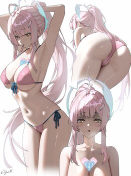 Rule 34 | 1girl, absurdres, aemeath (wuthering waves), ahoge, alternate costume, armpits, arms behind head, arms up, ass, bikini, breasts, cleavage, collarbone, commentary, front-tie bikini top, front-tie top, hair ornament, hair tie in mouth, halterneck, hand in own hair, hands in own hair, heart, heart in eye, highres, holding, holding own hair, large breasts, long hair, looking at viewer, mouth hold, multiple views, navel, orange eyes, partially visible vulva, pink bikini, pink hair, ponytail, side-tie bikini bottom, simple background, star-shaped pupils, star (symbol), stomach, string bikini, swimsuit, symbol-shaped pupils, symbol in eye, tacet mark (wuthering waves), thighs, triangle bikini top, twitter username, tying hair, very long hair, white background, wuthering waves, yasuki27