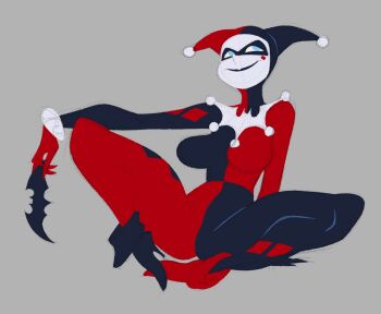 1girl arm_support batarang batman:_the_animated_series batman_(series) batman_symbol black_bodysuit black_lips blue_eyes bodysuit breasts captainmolasses commentary dc_comics domino_mask english_commentary eye_mask full_body gloves harley_quinn_(classic) hat highres holding jester_cap large_breasts looking_up makeup mask multicolored_bodysuit red_bodysuit simple_background smile solo spread_legs weapon
