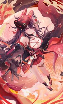 1girl absurdres banchiyuebai black_dress black_gloves black_hair breasts cleavage closed_mouth commentary_request criss-cross_straps crossed_bangs detached_sleeves dress dutch_angle feet fox_mask gloves gold_trim hair_between_eyes hair_ornament highres holding holding_umbrella japanese_clothes large_breasts legs light_particles long_sleeves looking_at_viewer mask mask_on_head multicolored_hair oil-paper_umbrella original pink_eyes platform_sandals pointy_ears red_hair sandals short_dress sidelocks smile solo standing thigh_strap thighs toes two-sided_fabric two-sided_sleeves two-tone_dress umbrella