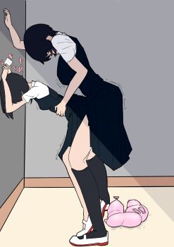 1futa 1girl absurdres against_wall arm_support bent_over black_hair blush breasts clothed_sex clothes_lift condom condom_wrapper doggystyle futa_with_female futanari heart highres implied_futanari kneehighs large_breasts multiple_condoms overall_skirt sex sex_from_behind shoes short_hair size_difference skirt skirt_lift small_breasts socks tall tin64702539 used_condom