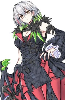 1girl bat_wings black_dress black_eyes black_nails breasts cleavage detached_sleeves diabellstar_the_black_witch dress green_hair grey_hair holding holding_sword holding_weapon kanemitsu411 large_breasts looking_at_viewer multicolored_hair pantyhose red_hair short_hair solo sword weapon wings yu-gi-oh!