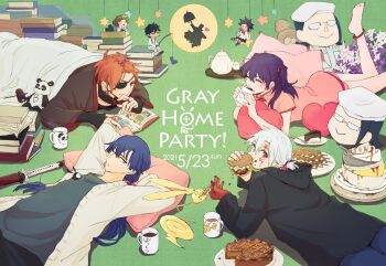 2girls 5boys allen_walker anklet arm_behind_head asymmetrical_hair barefoot black_gloves black_hair black_headband black_jacket black_pants black_shirt black_shoes black_skirt blanket blue_eyes blue_hair blue_pants blue_socks blush book brown_coat brown_hair burger cake cake_slice candy character_doll chewing chinese_clothes closed_eyes coat coffee_mug collared_shirt colored_extremities colored_skin creature creature_on_chest cross cup d.gray-man dango dirty_dishes doll drinking earrings eating english_text eyepatch facial_mark facing_another fingerless_gloves fishing_rod flower food food_on_face forehead_mark fork full_moon glasses gloves golem_(d.gray-man) green_background green_eyes grey_pants grey_shirt hair_between_eyes hair_over_shoulder hair_ribbon hammer hat headband headband_around_neck heart heart-shaped_pillow heterochromia highres holding holding_burger holding_candy holding_cup holding_fishing_rod holding_food holding_lollipop holding_umbrella hood hood_down hooded_jacket hoop_earrings horns jacket jewelry kanda_yuu katana komui_lee lavi legs lenalee_lee lollipop long_hair long_sleeves looking_at_another looking_at_viewer low_ponytail lying mandarin_collar medium_hair messy_hair millennium_earl mini_person miniskirt mitarashi_dango moon mori_suzu mug multiple_boys multiple_girls no_pants on_back on_floor on_stomach one_eye_closed one_eye_covered open_book orange_hair pants pillow pink_pillow pink_ribbon pink_shirt pink_thighhighs plate ponytail purple_flower purple_hair red_eyes red_ribbon red_skin ribbon ring road_kamelot scar scar_across_eye scar_on_face sheath sheathed shirt shoes short_hair short_ponytail short_sleeves sidelocks silhouette simple_background single_sock sitting skirt smile smoke socks spiked_hair star_(symbol) star_facial_mark striped_clothes striped_coat striped_headband striped_shirt striped_thighhighs stud_earrings stuffed_animal stuffed_panda stuffed_toy suspenders sword tail tea teapot teddy_bear thighhighs thighs timcanpy two_side_up tyki_mikk umbrella under_covers wagashi weapon white_blanket white_flower white_hair white_hat white_jacket white_shirt wide_sleeves wings