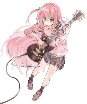 Rule 34 | 1girl, black skirt, black socks, blue eyes, bocchi the rock!, brown shoes, closed mouth, cube hair ornament, electric guitar, full body, gotoh hitori, guitar, hair between eyes, hair ornament, holding, holding instrument, instrument, jacket, konabetate, loafers, long hair, music, one side up, pink hair, pink jacket, plaid clothes, plaid skirt, playing instrument, pleated skirt, shoes, simple background, skirt, socks, solo, track jacket, white background