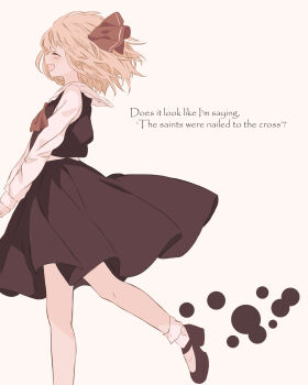 1girl :d ^_^ ascot black_shoes black_skirt blonde_hair blush closed_eyes commentary_request english_text floating_hair foot_out_of_frame from_side hair_ribbon happy highres iris-san long_sleeves mary_janes medium_hair medium_skirt open_mouth profile red_ascot red_ribbon ribbon rumia shirt shoes simple_background skirt smile socks solo standing standing_on_one_leg touhou white_background white_shirt white_socks