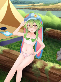 1girl absurdres bandaid bandaid_on_face blonde_hair blush bow bow_panties bra brown_eyes carrot commission green_hair hat highres indie_virtual_youtuber log looking_at_viewer medium_hair multicolored_hair open_mouth panties rabbit_ears red_panties reqware river ryeisbread sitting smile solo streaked_hair striped_clothes striped_panties tent thighhighs underwear underwear_only virtual_youtuber water white_bra white_panties