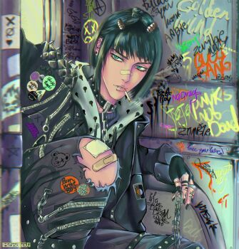 1boy alternate_costume artist_name bandaid bandaid_on_face bandaid_on_knee bandaid_on_leg bandaid_on_nose black_collar black_gloves black_hair black_jacket black_nails black_pants blue_eyes blunt_bangs bruno_bucciarati chain cigarette collar ear_piercing earrings english_text face_piercing feet_out_of_frame finger_tattoo fingerless_gloves gloves graffiti hair_ornament henoopd highres indoors jacket jewelry jojo_no_kimyou_na_bouken lip_piercing long_sleeves looking_at_viewer male_focus pants parted_lips piercing punk short_hair sidelocks smoke solo spiked_jacket squatting stud_earrings tattoo torn_clothes torn_pants vento_aureo zipper