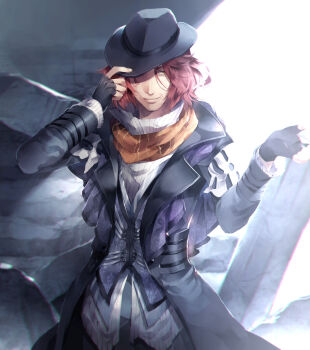 Rule 34 | 10s, 1boy, adjusting clothes, adjusting headwear, ardyn izunia, black hair, facial hair, fedora, final fantasy, final fantasy xv, fingerless gloves, gloves, hat, hat tip, highres, long coat, male focus, messy hair, red hair, scarf, solo, stubble, sunakumo