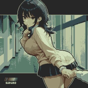 1girl arm_scrunchie artist_name ass bent_over black_hair black_skirt breasts cardigan collared_shirt commentary_request earrings finger_to_mouth hallway hand_grab highres indoors jewelry large_breasts long_hair long_sleeves looking_at_viewer microskirt original pixel_art pov school_uniform scrunchie shirt sidelocks skirt smile solo specialhanako thighs white_scrunchie white_shirt winter_uniform yellow_eyes