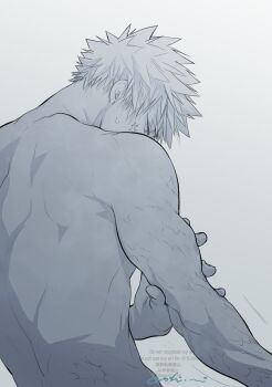 Rule 34 | 1boy, back, bakugou katsuki, boku no hero academia, from behind, greyscale, hand on own arm, highres, male focus, monochrome, nude, oroshi mi, scar, scar on arm, scar on back, scar on face, short hair, signature, solo, spiked hair, upper body, watermark