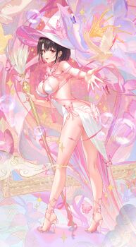 1girl ankle_cuffs arched_back artist_name atdan bare_back bare_legs bird broom brown_hair bubble bug butterfly dove dress feet full_body hat high_heels highres insect lily_(atdan) looking_at_viewer looking_back open_mouth original reaching red_eyes revealing_clothes ribbon shiny_skin short_hair solo staff stiletto_heels strapless strapless_dress white_dress white_hat witch_hat