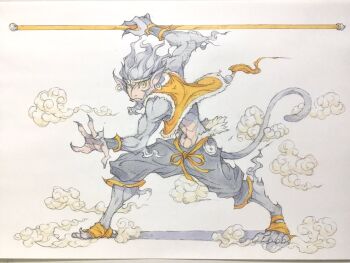 animal_ears bandaged_foot bandages beard black_pants bo_staff claws closed_mouth colored_skin commentary earrings facial_hair fingernails full_body fur-trimmed_vest fur_trim grey_eyes grey_hair grey_skin highres holding holding_staff hoop_earrings jewelry journey_to_the_west looking_at_viewer male_focus midriff monkey_boy monkey_ears monkey_tail navel orange_vest pants peter_salt ruyi_jingu_bang sharp_fingernails staff standing steam sun_wukong tail toned toned_male traditional_media vest wristband