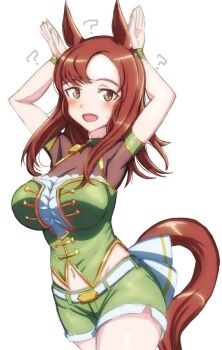 Rule 34 | 1girl, ?, animal ears, arms up, blush, breasts, brown eyes, brown hair, cosplay, dress, grace maitland steward, green dress, happy, horse ears, horse girl, horse tail, kin-san (sasuraiga), large breasts, long hair, looking at viewer, luminous witches, open mouth, shorts, simple background, solo, standing, starting future (umamusume), tail, umamusume, umapyoi densetsu, white background, world witches series