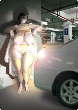 1girl 69_(artist) black-framed_eyewear black_hair bra breasts car cupless_bra flashing footless_thighhighs glasses gold_bra gold_panties gold_thighhighs highleg highleg_panties huge_breasts mask mature_female motor_vehicle mouth_mask nipples open_clothes original panties parking_garage plump sagging_breasts sandals short_hair solo standing underwear white_mask wide_hips