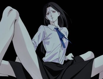 Rule 34 | 1girl, arthropod girl, atheko, bisected, black background, black hair, black skirt, blue ribbon, breasts, buttons, chainsaw man, closed mouth, collared shirt, cowboy shot, frown, highres, insect girl, long hair, long sleeves, multiple legs, parted hair, pink eyes, princi (chainsaw man), red eyes, ribbon, shirt, skirt, small breasts, solo, spider girl, stitched face, stitches, white shirt