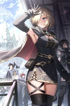 2boys 3girls absurdres architecture arm_up armpits belt belt_pouch black_cloak black_dress black_gloves black_hair blonde_hair blue_eyes boots breasts brown_eyes cathedral church cleavage cloak collared_dress dress eiryu33 elbow_gloves gloves gothic_architecture green_hair hair_over_one_eye hairband highres large_breasts multiple_boys multiple_girls original ponytail pouch print_dress red_eyes red_hair short_hair side_slit sleeveless sleeveless_dress spire thigh_boots thigh_pouch thigh_strap thighhighs
