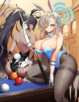 2girls absurdres animal_ears ass asuna_(blue_archive) asuna_(bunny)_(blue_archive) back ball bare_shoulders billiard_ball billiards black_hair black_leotard black_pantyhose blue_archive blue_eyes blue_leotard blue_neckwear blush bow bowtie breasts cleavage cue_stick curvy dark-skinned_female dark_skin detached_collar fake_animal_ears fishnet_legwear fishnets food fruit gloves hair_over_one_eye highleg highleg_leotard highres holding holding_cue_stick indoors karin_(blue_archive) karin_(bunny)_(blue_archive) large_breasts leotard leotard_pull long_hair looking_at_viewer mer4 multiple_girls official_alternate_costume on_table pantyhose playboy_bunny ponytail rabbit_ears rabbit_tail silver_hair sitting sitting_on_table smile strapless strapless_leotard table tail thong_leotard traditional_bowtie very_long_hair white_gloves wide_hips wrist_cuffs