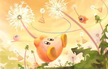 ball ball_kirby blush_stickers brown_eyes closed_mouth cloud colored_skin commentary_request dandelion falling flower holding holding_flower kirby kirby_(series) kirby:_canvas_curse leaf nintendo no_humans no_mouth one-eyed orange_shoes orange_skin orange_sky outdoors oversized_plant pink_skin shoes signature sky smile sunset suyasuyabi waddle_dee waddle_doo yellow_shoes