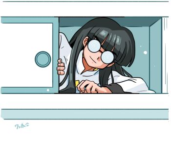 1boy @_@ black_hair chinese_clothes drawer glasses high_collar in_container long_hair long_sleeves looking_at_viewer mousse_(ranma_1/2) open_drawer opening_door ranma_1/2 shirt signature smirk upper_body very_long_hair wanta_(futoshi) white_shirt