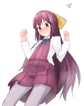 1girl absurdres bow cosplay cowboy_shot dated dress dress_shirt grey_pantyhose hair_bow halterneck highres kamikaze_(kancolle) kantai_collection long_hair maru_(marg0613) pantyhose pleated_dress purple_dress purple_eyes purple_hair school_uniform shirt simple_background solo twitter_username white_background white_dress yellow_bow yuugumo_(kancolle) yuugumo_(kancolle)_(cosplay)