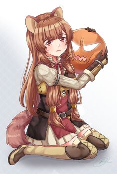 1girl 1other :d amaimi animal_ear_fluff animal_ears armor balloon_(tate_no_yuusha_no_nariagari) belt black_dress boots breastplate brown_belt brown_eyes brown_footwear brown_gloves brown_hair commentary dress elbow_gloves from_side full_body gloves glowing glowing_eyes hair_tubes high_collar hug layered_dress light_blush long_hair looking_at_viewer metal_hair_tubes neck_ribbon open_mouth raccoon_ears raccoon_girl raccoon_tail raphtalia red_dress red_ribbon ribbon sharp_teeth signature simple_background sitting smile tail tate_no_yuusha_no_nariagari teeth thigh_boots two-tone_dress wariza white_background white_dress