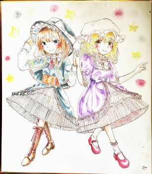 Rule 34 | adapted costume, adjusting clothes, adjusting headwear, alternate eye color, alternate headwear, black capelet, black hat, black shirt, black skirt, blonde hair, blue eyes, blush, boots, bow, bowtie, brown boots, brown corset, brown hair, capelet, closed mouth, clothing request, commentary request, contrast collar, corset, dress, footwear ribbon, frilled bow, frilled hat, frilled shirt collar, frilled sleeves, frills, hair bow, hat, hat bow, highres, holding hands, lolita fashion, long sleeves, maribel hearn, mary janes, medium hair, minus (sr mineka), mob cap, puffy short sleeves, puffy sleeves, purple bow, purple dress, red shoes, shirt, shoes, short sleeves, signature, skirt, sleeve bow, smile, socks, star (symbol), touhou, traditional media, usami renko, white bow, white bowtie, white hat, white skirt, white socks, yellow eyes