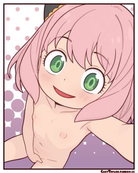 1girl anya_(spy_x_family) casytay completely_nude flat_chest green_eyes hairpods highres loli looking_at_viewer nipples nude pink_hair selfie solo spy_x_family