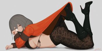 1girl absurdres armband artist_name bikini bikini_top_only black_armband black_bikini black_boots boots breasts closed_mouth clothes_pull commentary english_commentary full_body girls&#039;_frontline grey_hair helianthus_(girls&#039;_frontline) high_heel_boots high_heels highres jacket lace_pantyhose lace_pantyhose_hooked_on_heel_(meme) large_breasts long_hair looking_at_viewer lying meme monocle nishibuya on_stomach orange_eyes pantyhose pantyhose_pull red_jacket sideboob simple_background solo string_bikini swimsuit twitter_username white_background