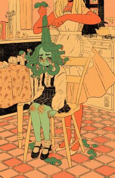 2girls apron bandaid bandaid_on_knee bandaid_on_leg black_footwear black_skirt bleeding blonde_hair blood blush book bottling_sunshine chair child collared_shirt colored_skin crying curtains dress forked_tongue frilled_apron frills green_hair green_skin highres holding holding_another's_hair holding_scissors indoors jewelry limited_palette living_hair long_sleeves monster_girl multiple_girls necklace original oven pearl_necklace scissors shirt shoes short_sleeves sitting skirt snake snake_hair socks solo_focus suspenders teapot tile_floor tiles tongue white_apron white_shirt white_socks window yellow_dress