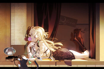 1girl absurdres aqua_necktie black_cat black_skirt black_socks blonde_hair blowing_bubble_gum braid braided_bangs breasts cat chewing_gum commentary female_rover_(wuthering_waves) from_side hair_between_eyes hair_ornament headphones headphones_around_neck highres id_card kneehighs long_hair lying lynae_(wuthering_waves) medium_breasts miantan_xi_kangti necktie no_shoes on_stomach purple_eyes rover_(wuthering_waves) shirt shirt_tucked_in signature skirt skull_hair_ornament socks solo talking_on_phone the_pose white_shirt wuthering_waves