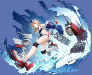 1girl absurdres artist_request azur_lane blonde_hair blue_jacket breasts cleavage highres jacket light_blush looking_at_viewer maury_(azur_lane) maury_(retrofit)_(azur_lane) medium_hair midriff navel non-web_source official_art parted_lips ship_turret shorts side_ponytail single_thighhigh small_breasts solo stomach tank_top thighhighs torpedo torpedo_launcher torpedo_tubes visor_cap water white_shorts white_thighhighs yellow_eyes
