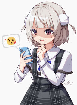 1girl blue_bow blue_bowtie blunt_bangs bow bowtie cellphone collared_shirt cowboy_shot disgust emoji finger_to_own_chin frilled_sleeves frills grey_background high-waist_skirt highres holding holding_phone ice_cream_(aisu_aisu_9898) layered_sleeves long_sleeves nervous_sweating o_henji_madakana_ojisan_koubun_(voisona) partially_shaded_face phone plaid_clothes plaid_skirt pom_pom_(clothes) pom_pom_brooch red_eyes shirt short_hair short_over_long_sleeves short_sleeves side_part simple_background skirt smartphone solo spoken_emoji suspender_skirt suspenders sweat two_side_up ui_(voisona) voisona white_shirt wispy_bangs