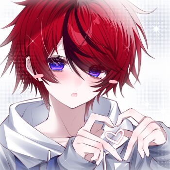 1boy black_hair blue_eyes blush blush_stickers collarbone drawstring grey_jacket hair_between_eyes heart heart_hands highres hood hood_down hoodie jacket jacket_over_hoodie long_sleeves male_focus multicolored_hair open_clothes open_jacket open_mouth qi_(qi29317052) red_hair short_hair solo sparkle streaked_hair sumino_takumi the_hundred_line_-last_defense_academy- two-tone_hair white_hoodie