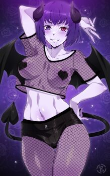 1girl arm_up black_horns black_shorts black_tail blush breasts collarbone colored_inner_hair colored_skin commentary_request crop_top demon_girl demon_horns demon_tail demon_wings em_(totsuzen_no_hakike) fishnet_pantyhose fishnet_top fishnets heart_pasties horns kokori looking_at_viewer medium_breasts midriff multicolored_hair navel original pantyhose parted_lips pasties pink_hair purple_eyes purple_hair purple_skin red_eyes shiny_skin short_hair short_shorts shorts smile standing tail teeth wings