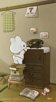 Rule 34 | animal, animal focus, antique phone, ayu (mog), book, book stack, calendar (object), clothes hanger, commentary, drawer, english commentary, highres, indoors, no humans, open book, original, phone, rabbit, rotary phone, shirt, short sleeves, signature, solid circle eyes, stool, stuffed animal, stuffed rabbit, stuffed toy, towel, watermark, white shirt