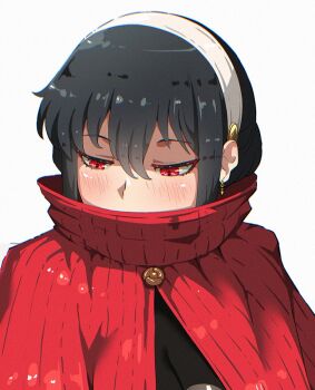 1girl black_bodysuit black_hair blush bodysuit breasts capelet cloak commentary cosplay earrings gold_earrings hairband hollow_knight hornet_(hollow_knight) hornet_(hollow_knight)_(cosplay) jewelry jk_arts large_breasts latex latex_bodysuit portrait red_capelet red_cloak red_eyes solo spy_x_family white_background white_hairband yor_briar