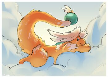 alternate_design border borvar closed_mouth cloud colored_skin commentary dragon dragonite english_commentary feathered_wings fluffy full_body gen_1_pokemon green_eyes head_wings highres looking_at_viewer lying mega_dragonite mega_pokemon nintendo no_humans on_cloud on_stomach orange_skin outside_border pokemon pokemon_(creature) pokemon_focus smile solo tail white_border wings