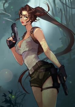 1girl backpack bag bare_shoulders belt breasts brown_bag brown_belt brown_eyes brown_hair cleavage cowboy_shot dated dirty dirty_clothes dual_wielding fumezu1 green_shorts gun handgun highres holding holding_gun holding_weapon holster lara_croft large_breasts long_hair looking_at_viewer parted_lips ponytail red_lips shirt short_shorts shorts signature sleeveless sleeveless_shirt smoke solo thigh_holster thighs tomb_raider weapon white_shirt
