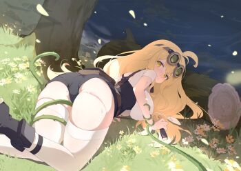 1girl all_fours antenna_hair ass black_boots blonde_hair boots breasts game_cg goggles goggles_on_head highres holding injury large_breasts log long_hair looking_at_viewer micro_shorts mole mole_on_ass non-web_source official_art plant ridge_(stella_sora) shirt short_sleeves shorts solo stella_sora thighhighs very_long_hair vines white_shirt white_thighhighs yellow_eyes
