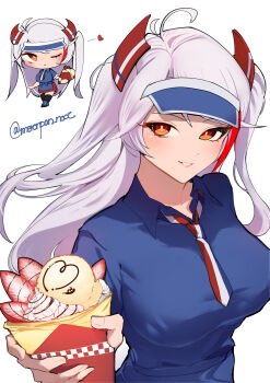 1girl absurdres antenna_hair azur_lane blue_shirt breasts chibi chibi_inset chocolate_syrup food fruit highres holding holding_food holding_ice_cream holding_ice_cream_cone ice_cream ice_cream_cone large_breasts long_hair looking_at_viewer multicolored_hair multiple_scoops necktie nocturnal_melonpan polo_shirt prinz_eugen_(azur_lane) red_hair shirt soft_serve strawberry strawberry_slice streaked_hair twitter_username two_side_up very_long_hair visor_cap waffle_cone white_hair
