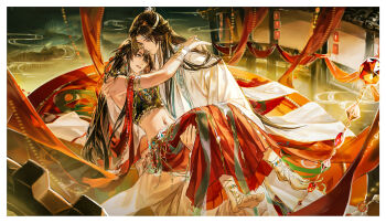 2boys absurdres alternate_costume anklet architecture armlet artist_request bare_shoulders barefoot belt black_hair black_shirt blue_gemstone bracelet brown_hair carrying chain chinese_clothes closed_eyes closed_mouth commission couple crop_top crossdressing crossdressing_(mtf) curtains dancer earrings east_asian_architecture full_body gem hair_down hair_ornament hair_ribbon half_updo hand_on_another&#039;s_shoulder hanfu harem_outfit headband highres hug jewelry lan_wangji lantern long_hair long_sleeves looking_at_another male_focus midriff modao_zushi multiple_boys navel navel_piercing official_alternate_hairstyle open_mouth piercing ponytail princess_carry red_eyes red_gemstone red_ribbon red_shawl red_skirt ribbon robe second-party_source shawl shirt sidelocks sitting skirt sleeveless sleeveless_shirt smoke topknot very_long_hair wei_wuxian wei_wuxian_(yiling_laozu) white_hanfu white_headband xiao_guan_(headdress) yaoi yellow_eyes