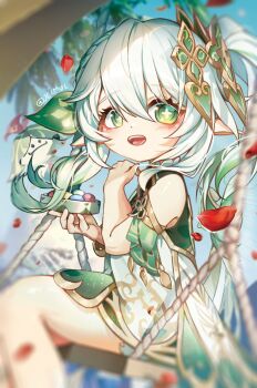 1girl aranara_(genshin_impact) bare_shoulders blush commentary detached_sleeves dress falling_petals from_side genshin_impact gold_trim gradient_hair green_eyes green_hair green_sleeves hair_between_eyes hair_ornament hands_up highres holding jelmul leaf_hair_ornament long_hair looking_at_viewer multicolored_hair nahida_(genshin_impact) on_swing open_mouth petals pointy_ears side_ponytail sitting sleeveless sleeveless_dress solo swing symbol-shaped_pupils teeth twitter_username upper_teeth_only white_dress white_hair