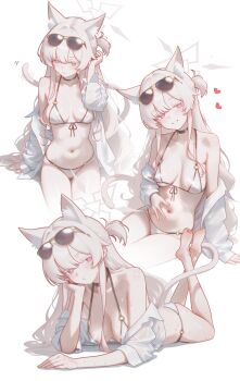 1girl absurdres akira_(blue_archive) alternate_costume animal_ear_fluff animal_ears ass averting_eyes bikini black_choker blue_archive blush breasts breasts_apart cat_ears cat_girl cat_tail choker crossed_ankles eyewear_on_head front-tie_bikini_top front-tie_top grey_hair halo heart highres jacket jacket_partially_removed looking_at_viewer lying medium_breasts mellow_(srpp4843) mole mole_under_eye multiple_views navel o-ring o-ring_bikini on_stomach one_side_up sitting smile stomach string_bikini sunglasses swimsuit tail the_pose tucking_hair white_bikini white_jacket