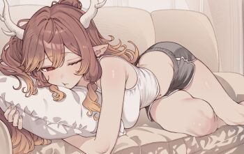 1girl :t alternate_costume anavi animal_ears antlers blush breasts brown_hair closed_mouth commentary_request couch deer_antlers deer_ears deer_girl diana_(trickcal) diana_(yester)_(trickcal) dolphin_shorts hair_between_eyes highres horns hugging_object korean_commentary large_breasts long_hair lying on_couch pillow pillow_hug red_eyes revision short_shorts shorts solo tank_top thighs trickcal white_tank_top