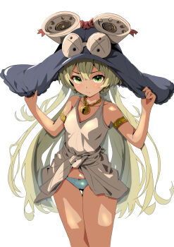 1girl armlet bell blue_panties clothes_around_waist covered_erect_nipples green_eyes highres hogihogi3ta jewelry jingle_bell large_hat light_frown long_hair looking_at_viewer original panties petite shirt simple_background sleeveless sleeveless_shirt solo sweater sweater_around_waist underwear white_background