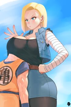 1boy 1girl android_18 bald bald_male belt between_breasts blonde_hair blue_eyes blush breasts cloud cloudy_sky couple dragon_ball face_to_breasts head_between_breasts head_under_another's_clothes highres husband_and_wife kuririn large_breasts muscular muscular_male pantyhose skirt sky slapping sweat thick_thighs thighs under_another's_clothes wide_hips