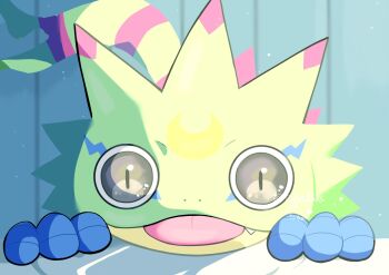 black_eyes close-up digimon digimon_(creature) fang gecko gekkomon highres looking_at_viewer no_humans slit_pupils solo toba16ks tongue tongue_out