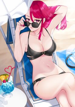 1girl artist_request beach bikini breasts cleavage medium_breasts nail_polish navel red_eyes red_hair sunglasses swimsuit yun_tokageno