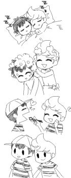 4koma artist_request bathing bed black_hair cat_mouth child comic eating food hat heart holding_hands lucas_(mother_3) mother_(series) mother_2 mother_3 naked_towel ness_(mother_2) nintendo nude on_bed pajamas pillow shirt shota sleeping smile striped_clothes striped_shirt super_smash_bros. sushi towel washing_another's_hair washing_hair yaoi